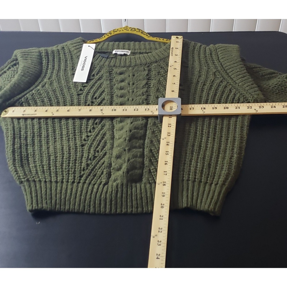 Vigoss Olive Green Chunky Open Knit Sweater L Cozy‎ Warm Crop Ruffle Winter - Picture 4 of 8